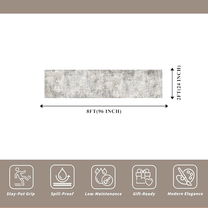 2x8 Washable Hallway Runner Rug – Non-Slip Modern Abstract Neutral Low-Pile - Image 2