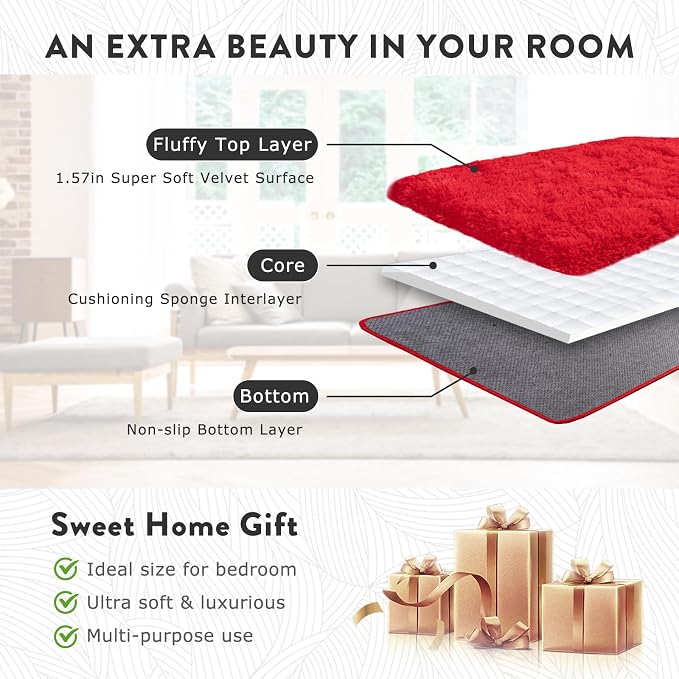 Soft Red Rugs for Bedroom, 4x6 Fluffy Fuzzy Shaggy Rugs for Living Room - Image 7