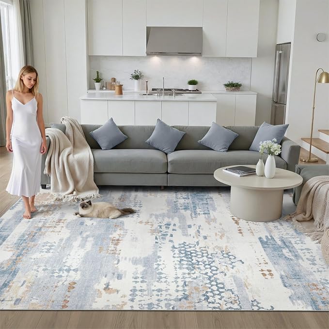 DCX Abstract Area Rug 5x7, Washable Blue Modern Rug - Image 2