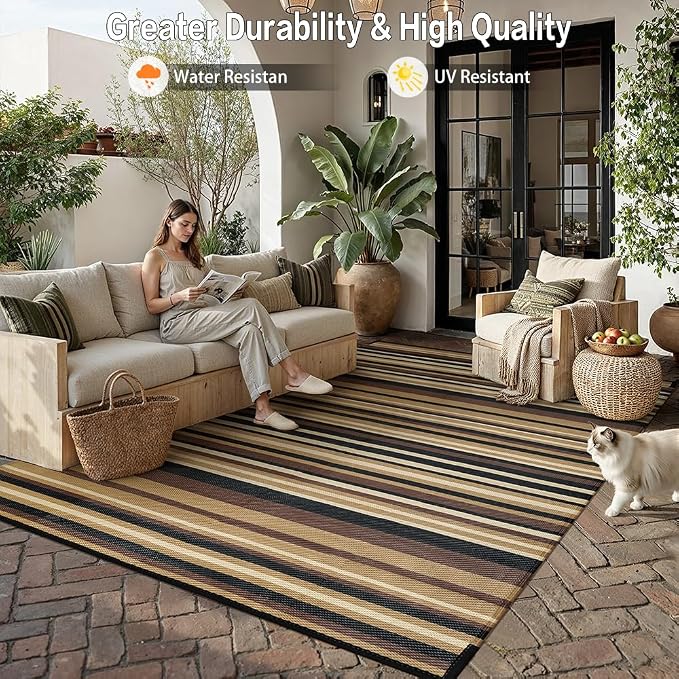 Outdoor Plastic Straw Rug Waterproof Patio 6x9 Brown Black Stripe Mat - Image 6