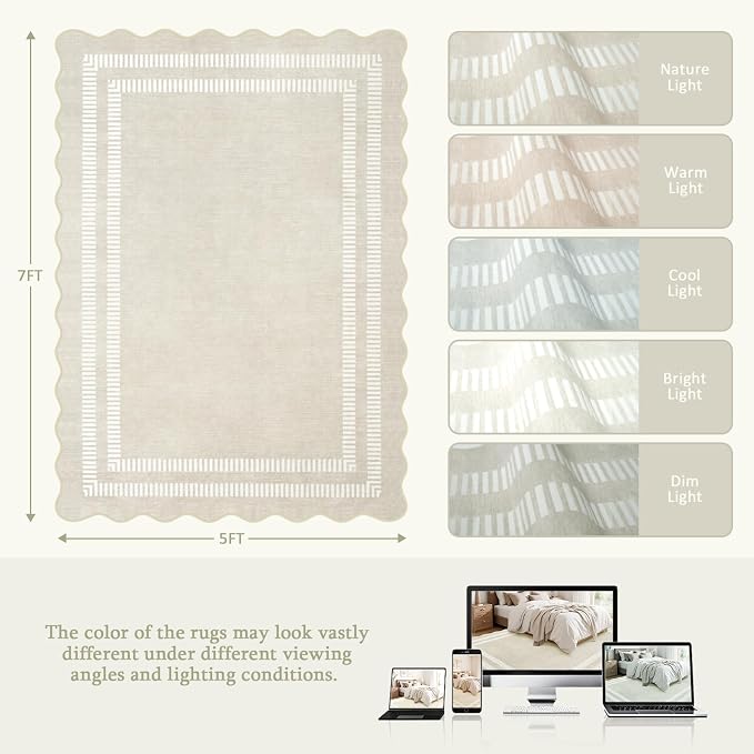 Washable 8x10 Area Rugs for Living Room, Solid Ivory Ultra-Thin Bedroom Rug - Image 2