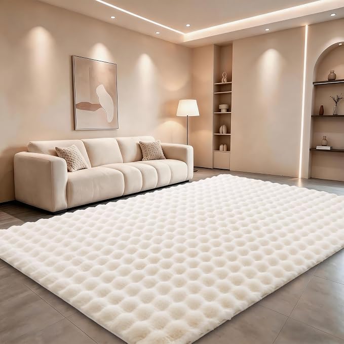 Creamy White Rabbit Plush Rug 6'x9', Fluffy Faux Fur Shaggy Area Rug by CHOVY