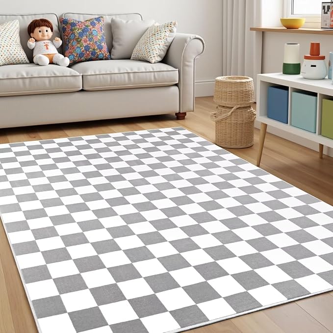 Terrug Grey and White Checkered Rug - Image 3