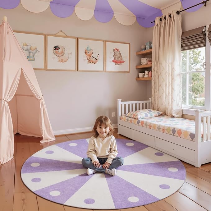 jinchan 5ft Round Rug Lilac Purple Washable Fun Cute Playroom Mat Non Slip - Image 2