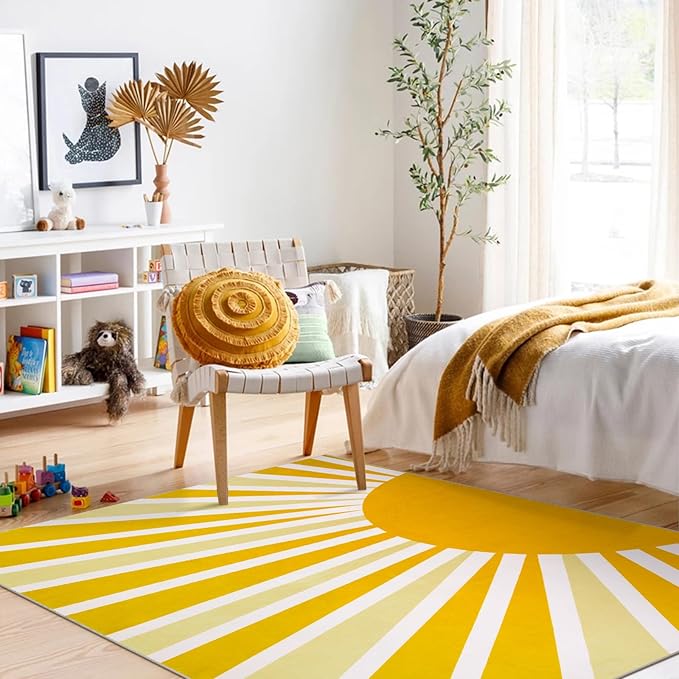 Lahome Yellow Rainbow Sun Area Rug: 5'x7' Ultra-Thin Machine Washable & Non-Slip - Image 2