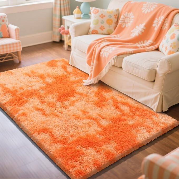 Mottling Orange Fluffy Rug Shag Area Rug, 5x8 Area Rugs - Image 2