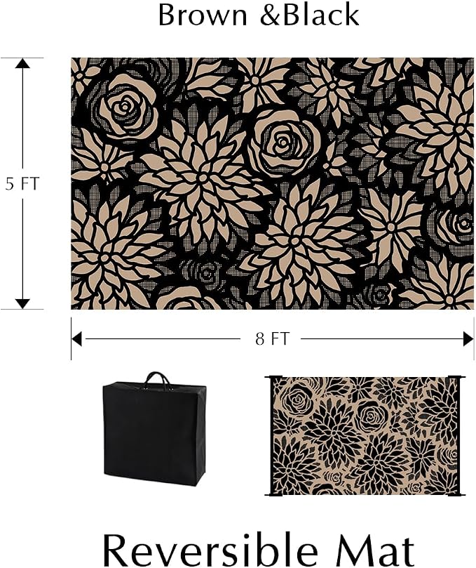 Outdoor Plastic Straw Rug Waterproof Patio 5x8 Black Brown Floral Mat - Image 2