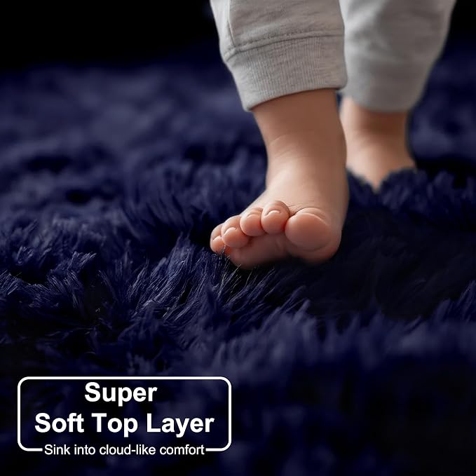 Dark Navy Round Rug 6Ft for Living Room Boys Bedroom, Fluffy Furry Fuzzy Plush - Image 2