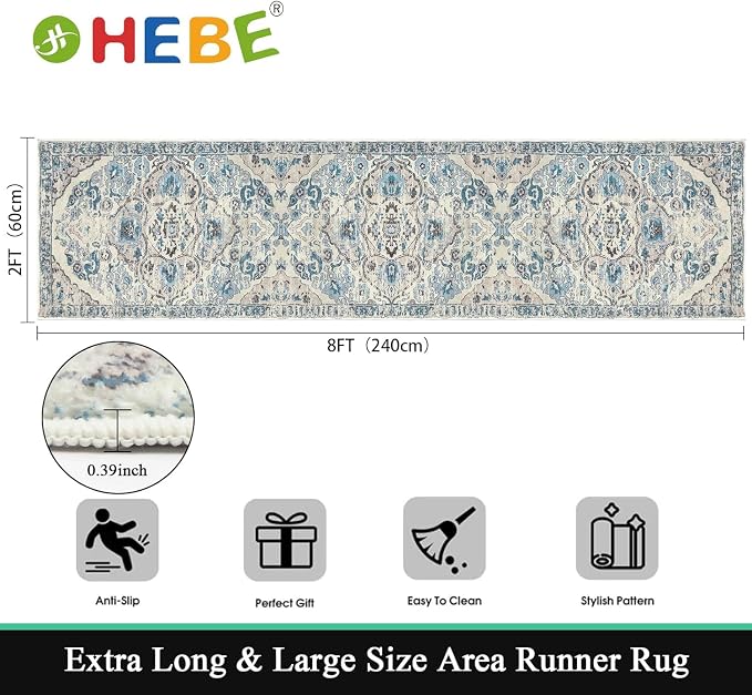 HEBE Hallway Runner Rug 2'x8' Washable Vintage Distressed Area Rugs Non Slip - Image 2