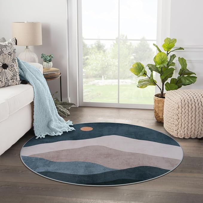 3ft Abstract Round Rug, Boho Washable Non-Slip Mountain Rugs - Image 8