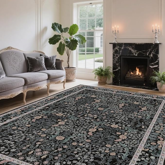 Vintage Black Living Room Rug, 6x9 Washable Area Rugs by Unknown