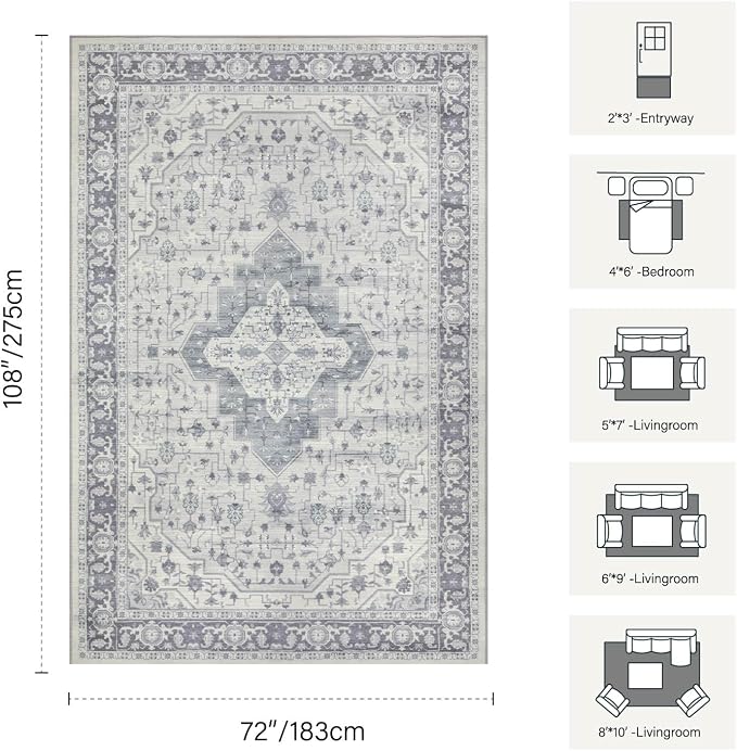 Rugxara 6x9 Washable Area Rug for Living Room, Vintage Large Boho Rugs for - Image 2
