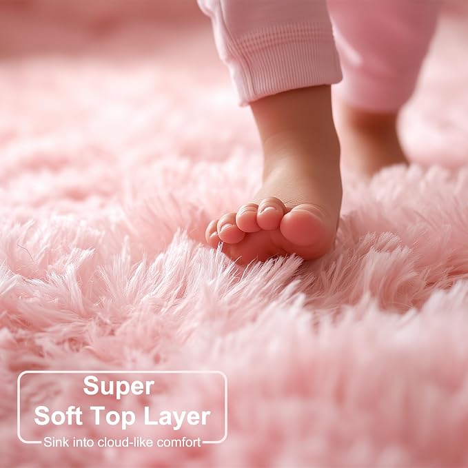 Light Pink Area Rugs for Bedroom Girls, Living Room Decor, Fluffy Fuzzy Plush - Image 3