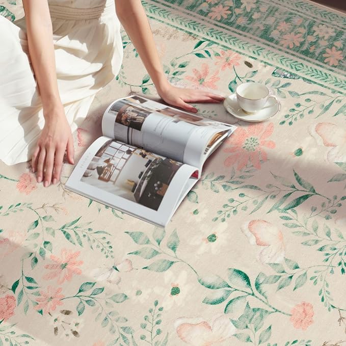 Rugxara Green Floral Rug for Living Room Bedroom, 5x7 Washable Rug, Vintage - Image 5