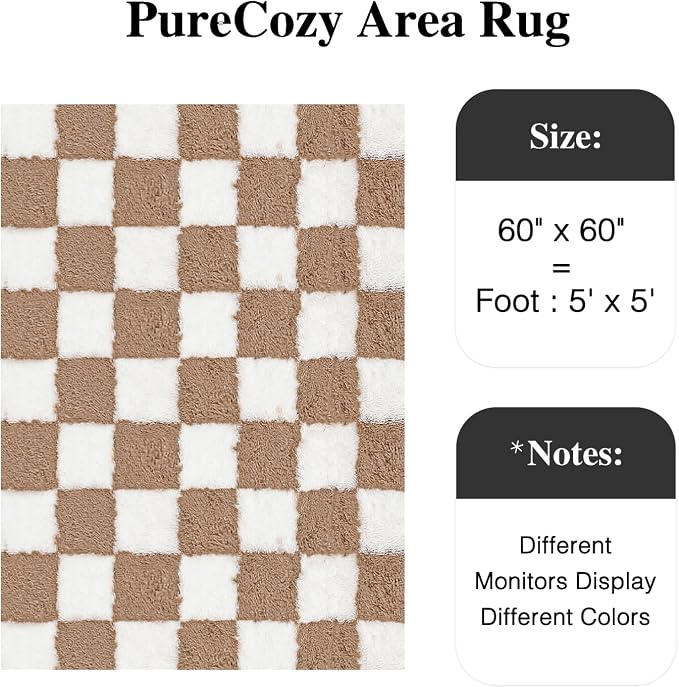 PureCozy 5x5 Round Rugs for Living Room Brown Soft Shag Checkered Rug Modern - Image 2