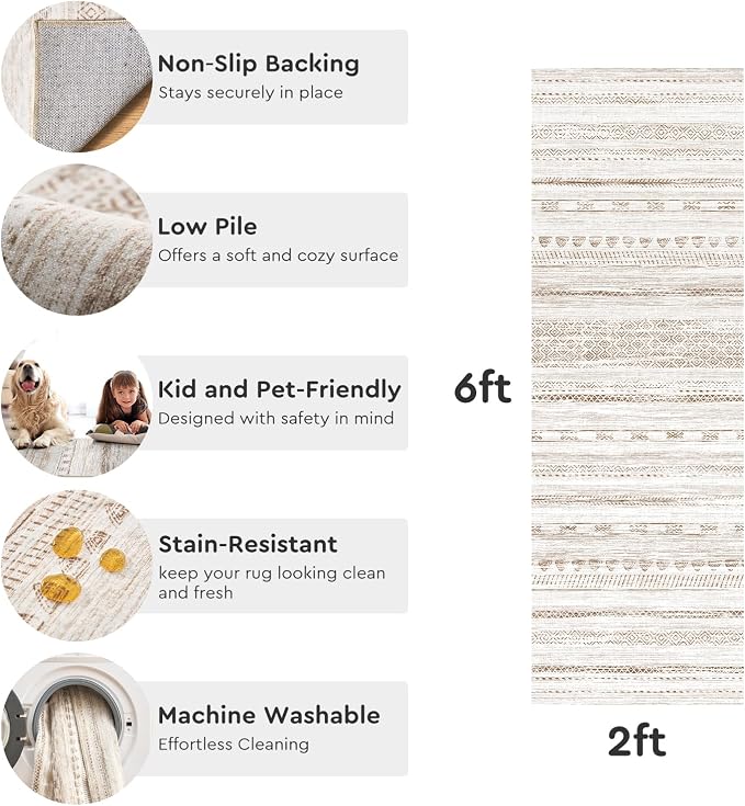 2x10 Runner Rug Machine Washable Non Slip Area Rug Distressed Neutral Moroccan - Image 5