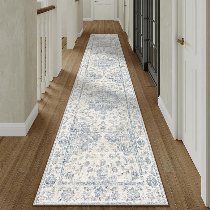 2x12 Washable Neutral Runner Rug Blue Vintage Hallway Kitchen Carpet Non-Slip - Image 2