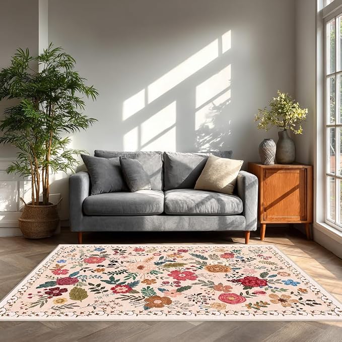 5x7 Area Rugs for Living Room Clearance Washable Boho Area Rug, Vintage Floral - Image 2