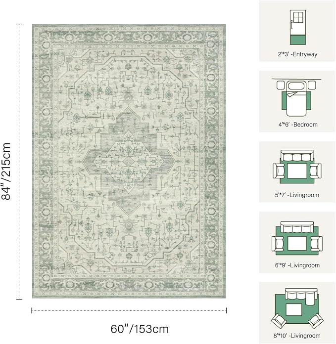 Rugxara 5X7 Washable Area Rug for Living Room, Vintage Large Boho Rugs for - Image 2