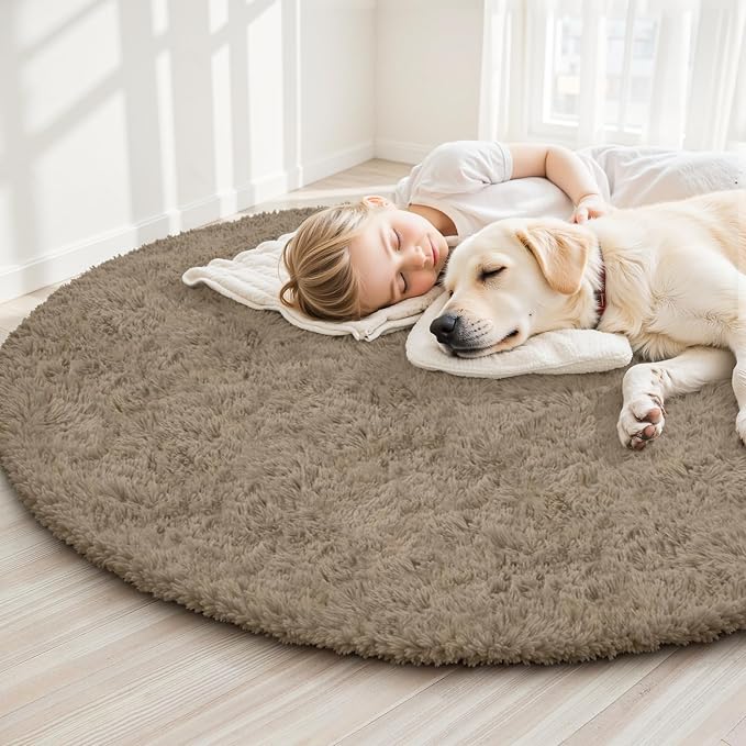 Gray Camel Round Fluffy Rug 6ft, Soft Bedroom Circle Rugs Mats - Image 3
