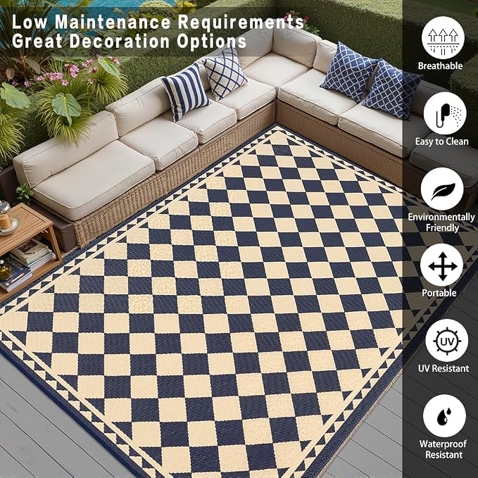 HUGEAR Outdoor Waterproof Rug 10'x14' Plastic Straw Rugs Washable Reversible - Image 3