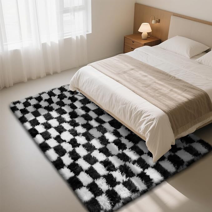 Checkered Rug for Living Room, 6x9 Black and White Area Rugs, Classic Checkered - Image 2