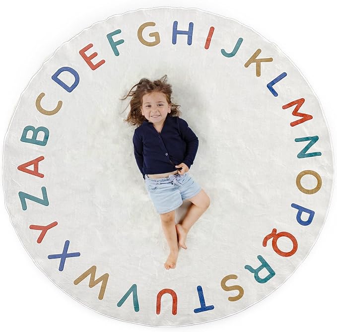 ABC Alphabet Rug for Kids – 6 ft Round White Boho Play Mat for Toddlers & Babies by Unknown