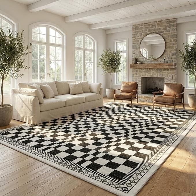 GarveeHome 8x10 Washable Rug Bedroom Rug Mdoern Checkered Non-Slip Throw by GarveeHome