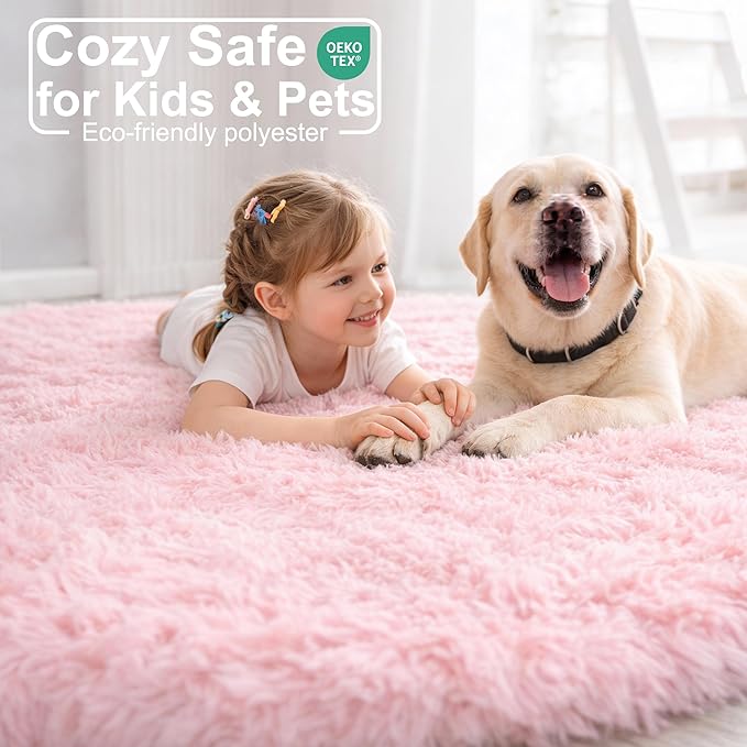 Pink Round Area Rugs 6Ft for Nursery Kids Bedroom, Large Fluffy Shag Circle Rug - Image 2