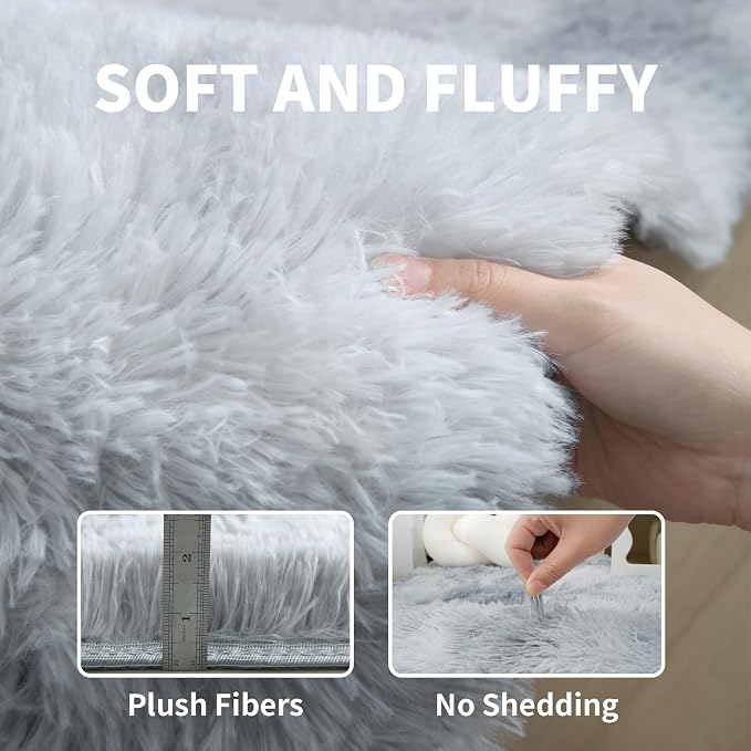2x6 Fluffy Shag Light Grey Rug for Bedroom, Soft Fuzzy Plush Washable Non Slip - Image 4