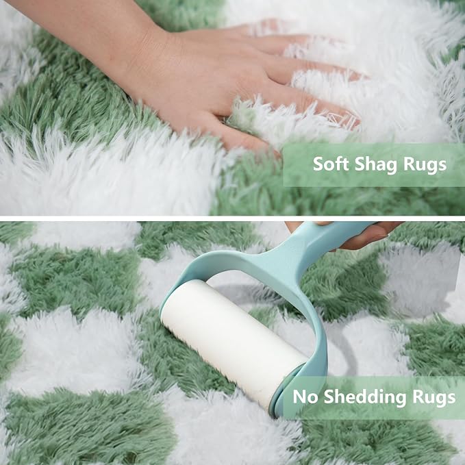 Area Rugs for Bedroom Living Room, 5x8 Green and White Fluffy Soft Checkered - Image 4