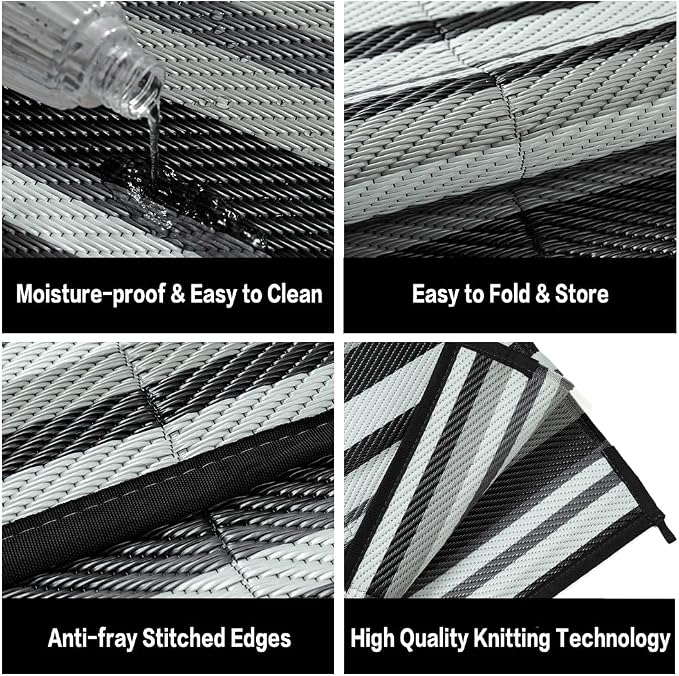 Outdoor Plastic Straw Rug Waterproof Patio 8x10 Black White Stripe Mat - Image 6