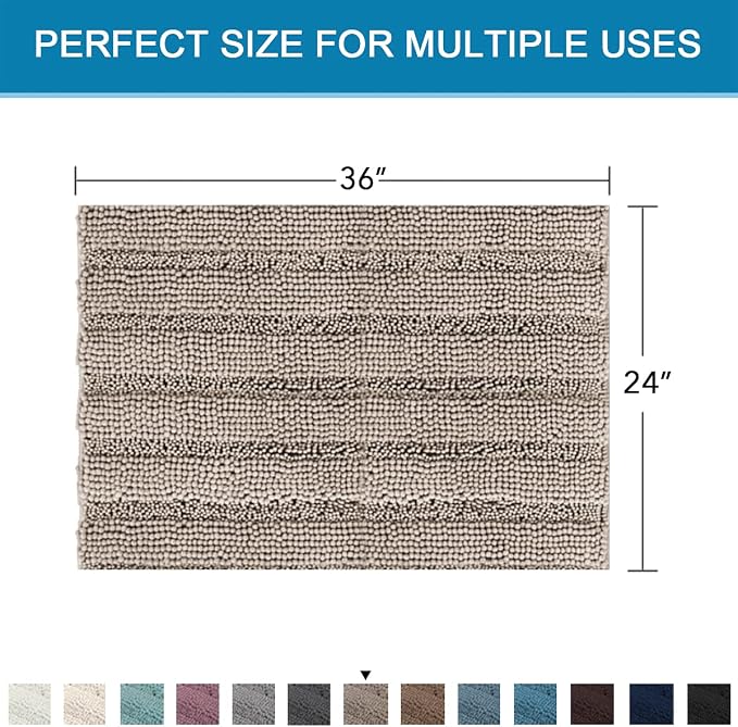 H.VERSAILTEX Bath Mats for Bathroom Non Slip Extra Thick Chenille Striped Bath - Image 2