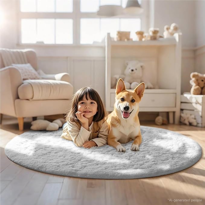 Ophanie Round Rug 5Ft White Circle Area Rug, Aesthetic Room Decor, Fluffy Fuzzy - Image 3