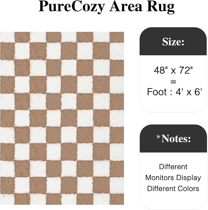 PureCozy 4x6 Area Rugs for Kids Room Brown Soft Shag Checkered Rug Modern - Image 3