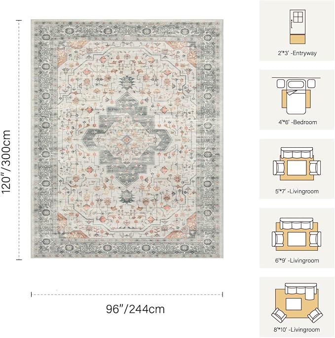Rugxara 8x10 Washable Area Rug for Living Room, Vintage Neutral Extra Large - Image 2