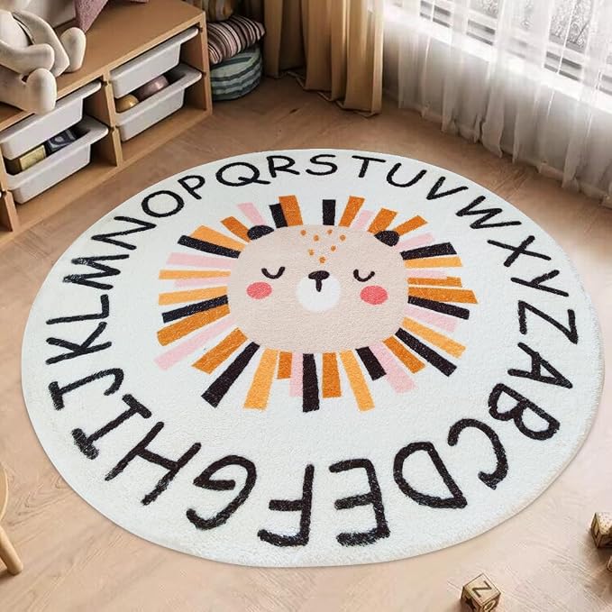 Poowe ABC Lion Kids Room Rug, 31.5" Round Washable Area Rugs - Image 3