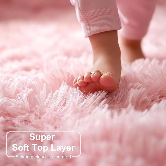 Pink Round Area Rugs 6Ft for Nursery Kids Bedroom, Large Fluffy Shag Circle Rug - Image 3