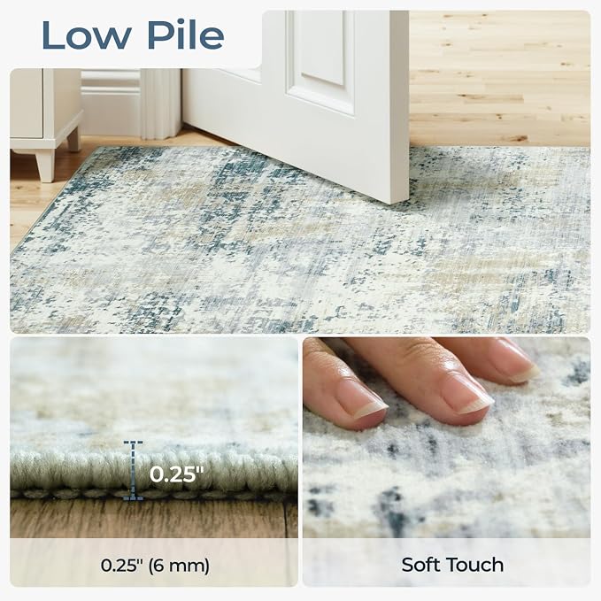 Area Rug 6x9 Washable Rugs for Living Room Blue Beige, Modern Abstract Non-Slip - Image 3