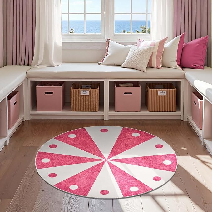 jinchan 5ft Round Rug Hot Pink Washable Fun Cute Playroom Mat Non Slip Cheerful - Image 9