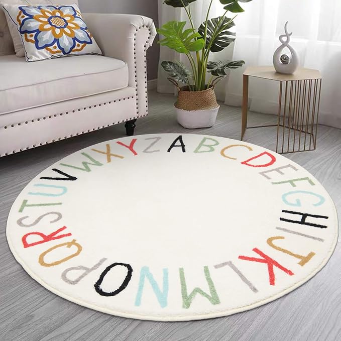 Topotdor Rainbow Round Kids Play Rug Alphabet Nursery Area Rug Extra Large Soft - Image 8