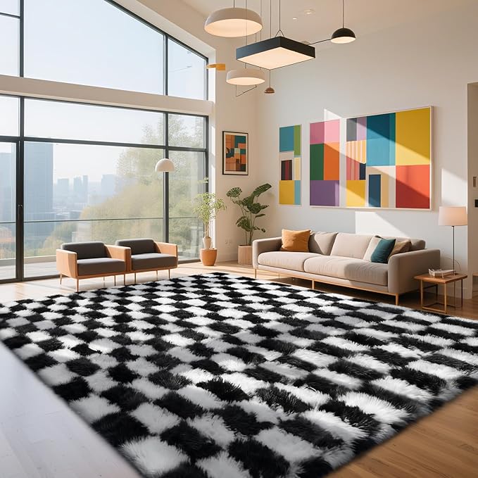 Checkered Rug for Living Room, 8x10 Black and White Area Rugs, Classic by Yongyangjuxi