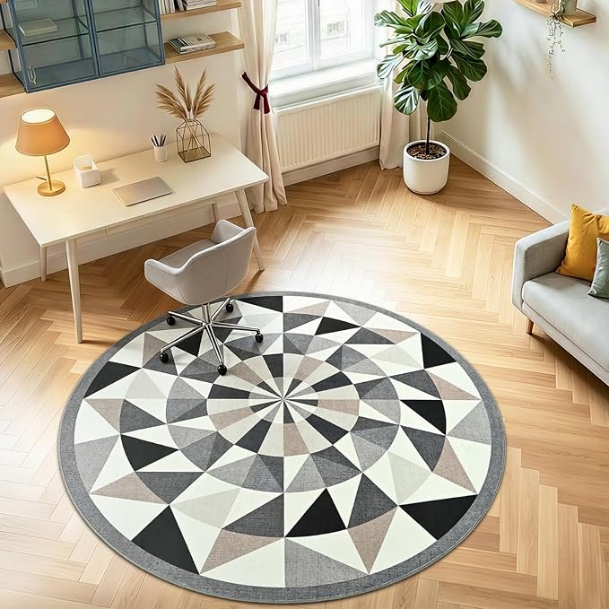 Terrug Grey and Beige Geometric Round Rug 4ft - Image 2