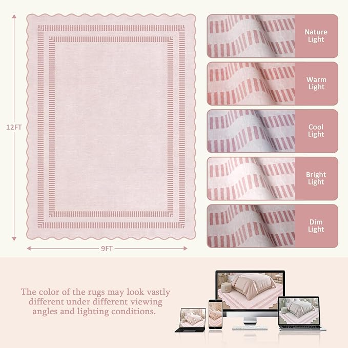 Pink Rugs for Living Room 9x12, Machine Washable Scalloped Area Rugs for - Image 2