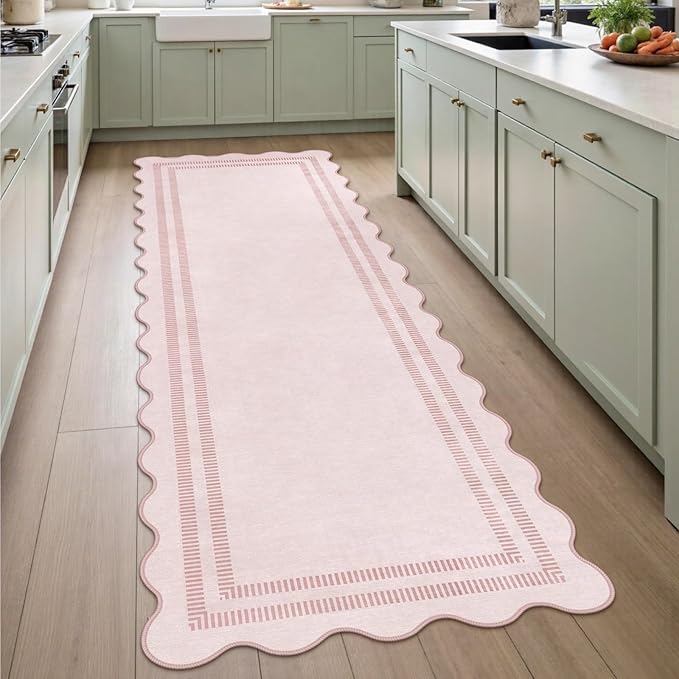 Pink Runner Rug 2.6x8 Kitchen Hallway Scalloped Rugs, Non Skid Stain-Resistant by LORWER