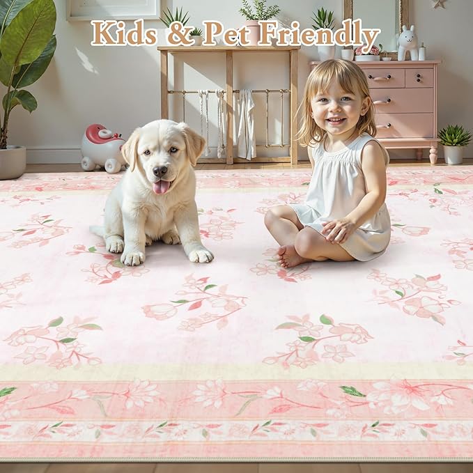 LIVEBOX 5x7 Soft Nursery Rug for Baby Girl, Light Pink Rug Non-Slip Faux Wool - Image 6