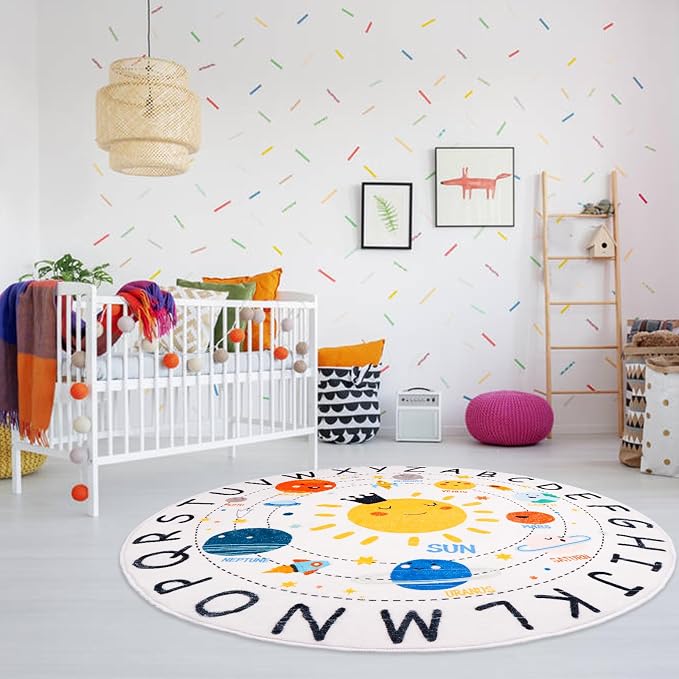 Round ABC Space Kids Rugs, 4 ft Non-Slip Solar System Alphabet Rugs, Washable - Image 5
