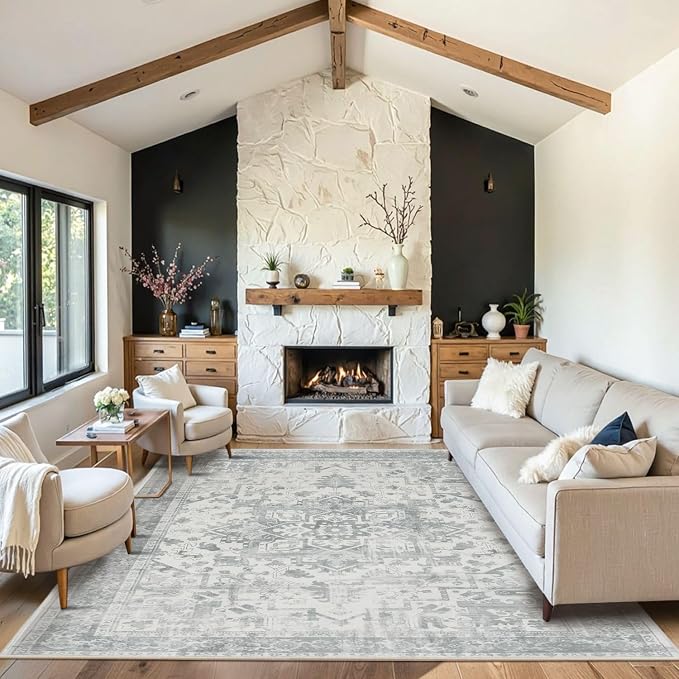 Rugxara 5X7 Washable Area Rug for Living Room, Neutral Vintage Large Boho Rugs - Image 4