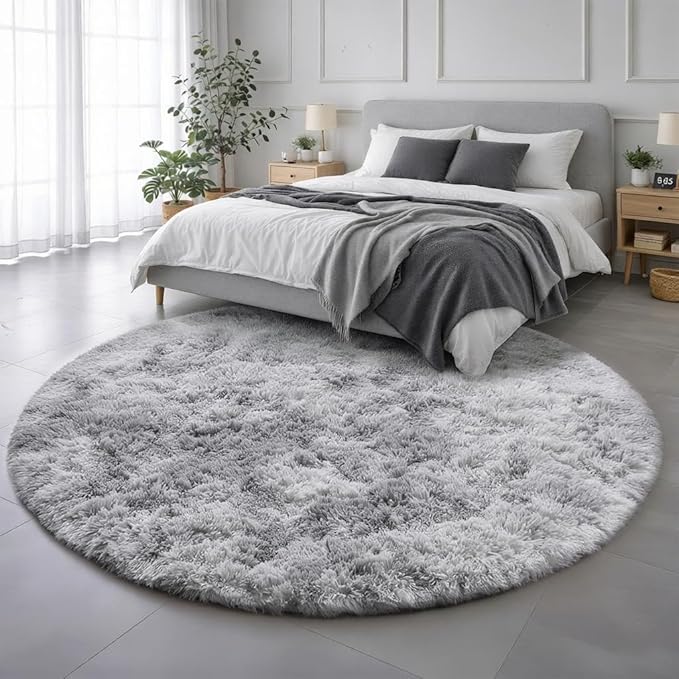Amdrebio Tie-Dyed Light Grey Round Area Rugs - Image 3