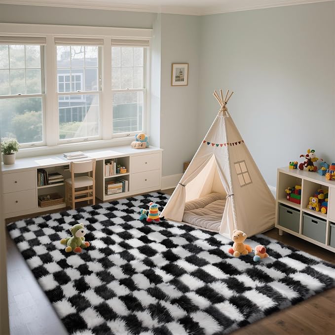 Area Rugs for Bedroom Living Room, 5x8 Black and White Fluffy Soft Checkered - Image 4